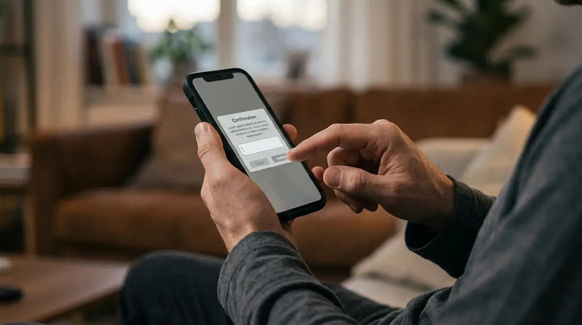 Smartphone in der Hand mit neutralem Bestätigungsdialog