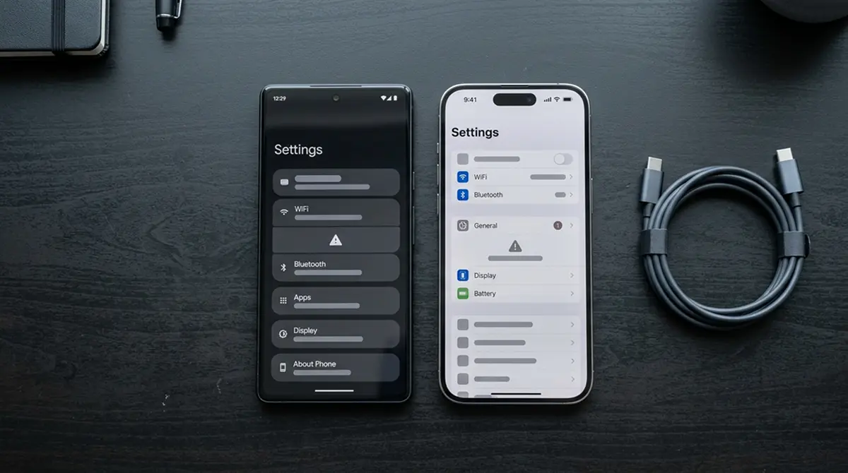 Android- und iPhone-Smartphone nebeneinander auf einem dunklen Tisch
