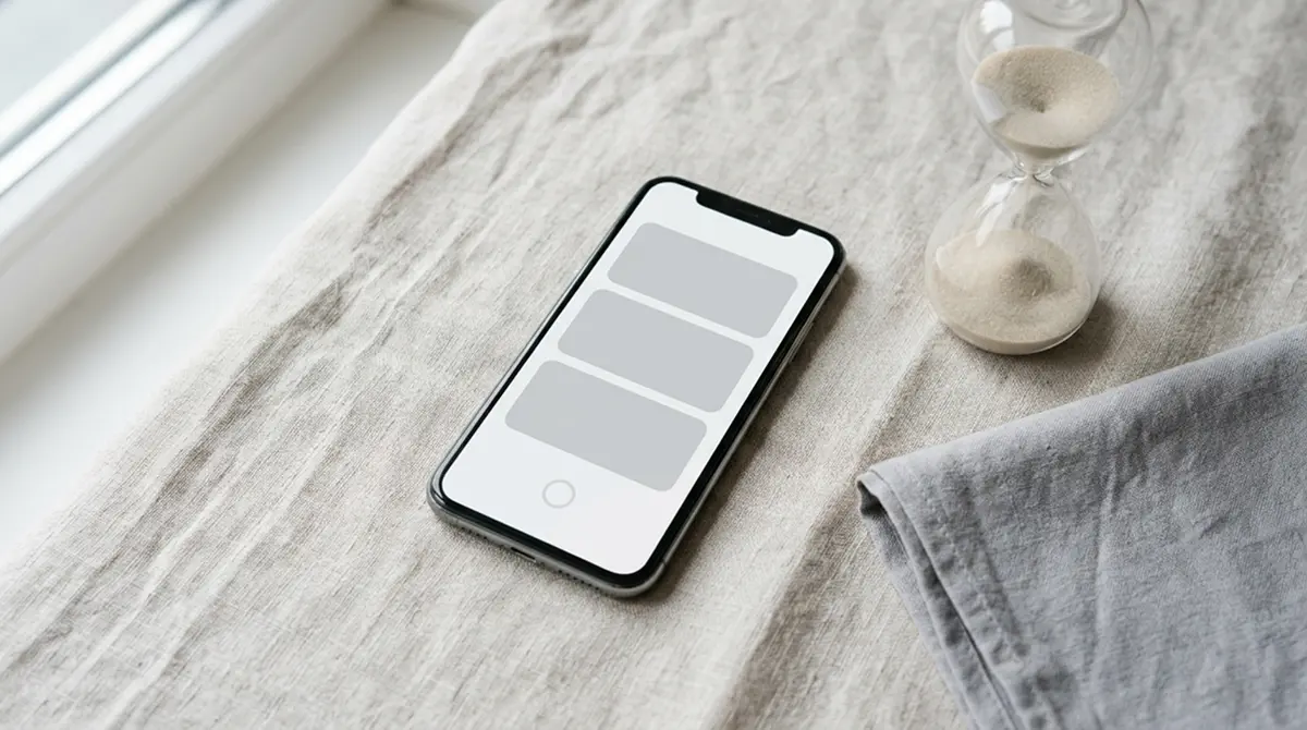 Smartphone mit neutralem Zahlungs-Interface neben einer Sanduhr