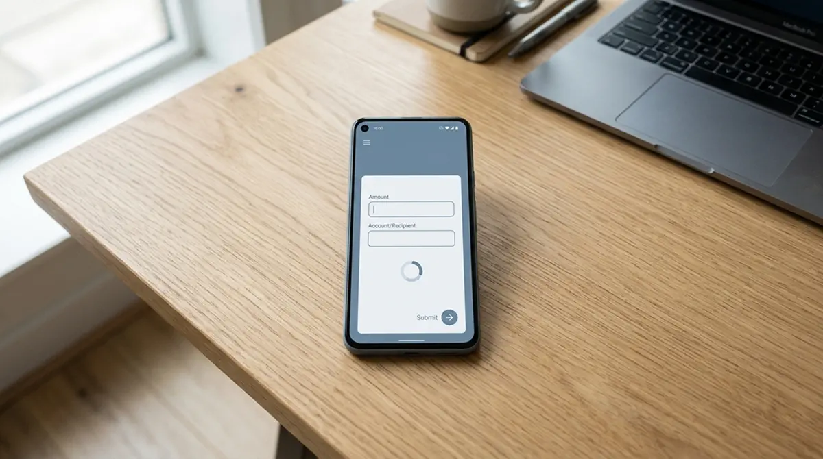 Smartphone mit Banking-App und Bearbeitungsstatus einer Transaktion