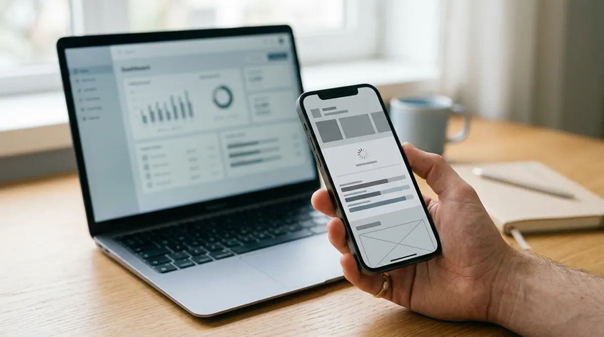 Smartphone in der Hand mit neutraler App-Oberfläche vor einem Laptop