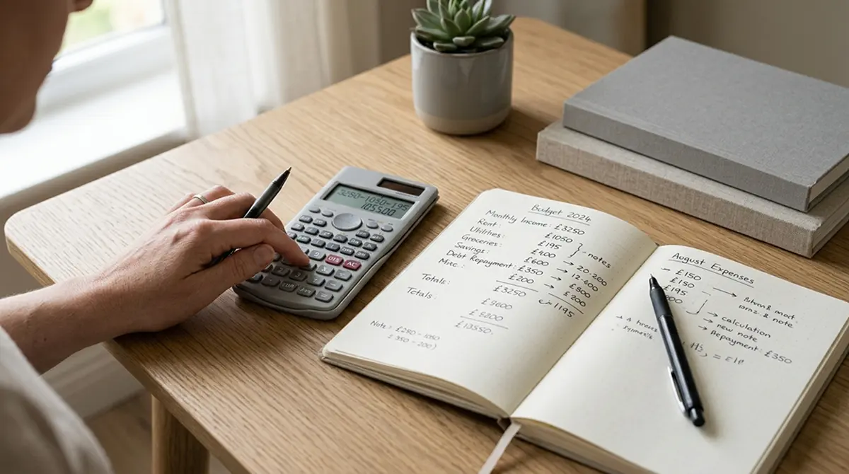 Taschenrechner und Notizbuch mit Budget-Berechnungen für verantwortungsvolles Wetten