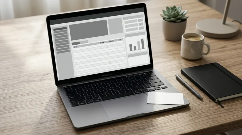 Laptop mit neutraler Wettplattform-Oberfläche und Neosurf-Gutscheincode auf einem aufgeräumten Schreibtisch