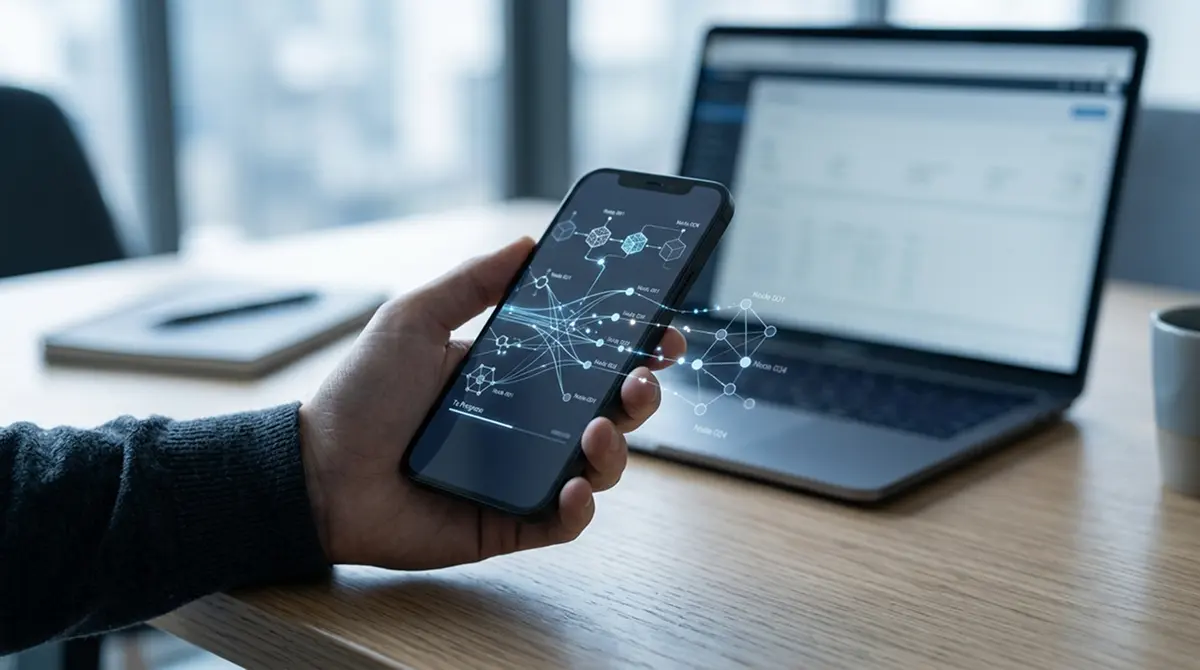 Smartphone mit Bitcoin-Transaktion und Laptop im Hintergrund