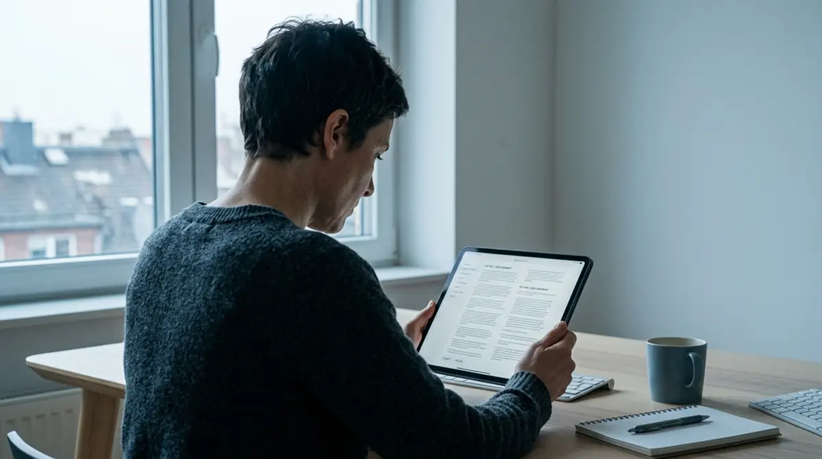 Person liest das Kleingedruckte von Bonusbedingungen auf dem Tablet