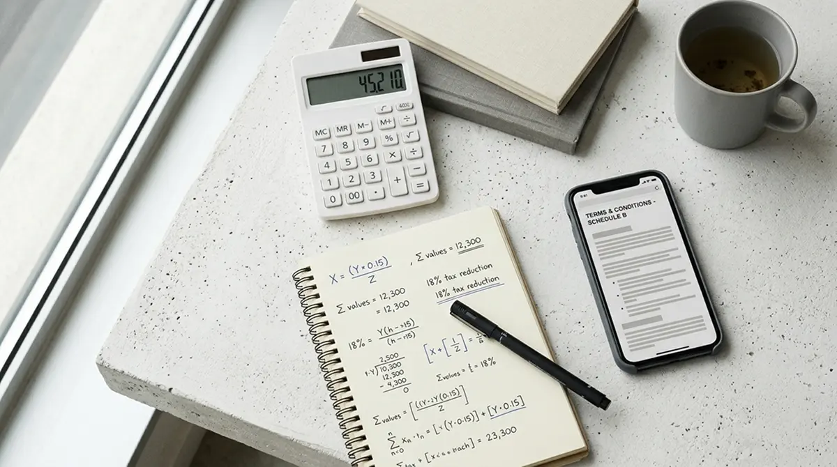 Taschenrechner und Notizen illustrieren die mathematische Analyse von Bonusbedingungen und Umsatzanforderungen