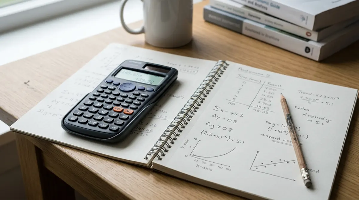 Taschenrechner und Notizen mit Wettanalyse-Berechnungen auf Schreibtisch