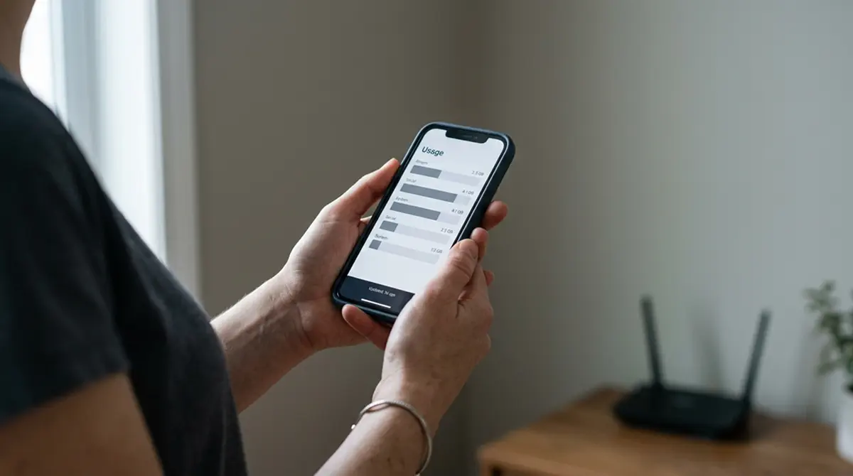 Hand hält Smartphone mit abstrakter Datenanzeige vor unscharfem Hintergrund