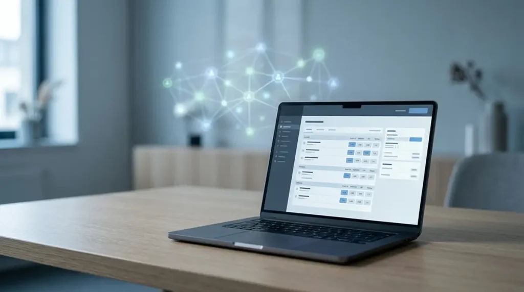 Laptop mit Wettanbieter-Interface und Bitcoin-Netzwerk-Visualisierung im Hintergrund