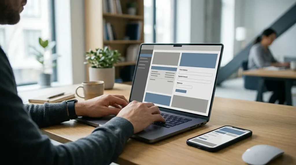 Neutrale Zahlungsschnittstelle auf einem Desktop-Monitor für Klarna-Einzahlungen bei lizenzierten Wettanbietern