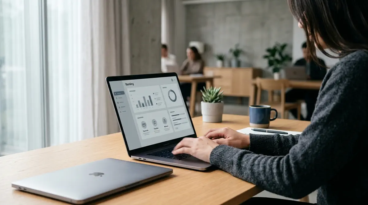 Moderne Online-Banking-Oberfläche auf Laptop mit neutralen Zahlungsoptionen für Wettanbieter