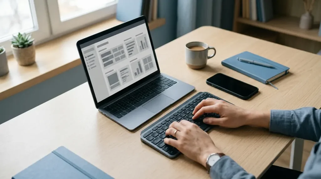 Person arbeitet am Laptop und vergleicht Wettanbieter mit niedrigen Mindesteinzahlungen