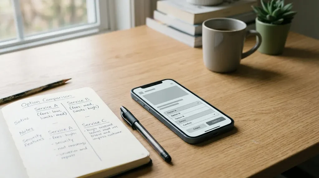 Smartphone mit Zimpler-Zahlungsschnittstelle auf neutralem Schreibtisch mit Notizen zur Buchmacher-Recherche