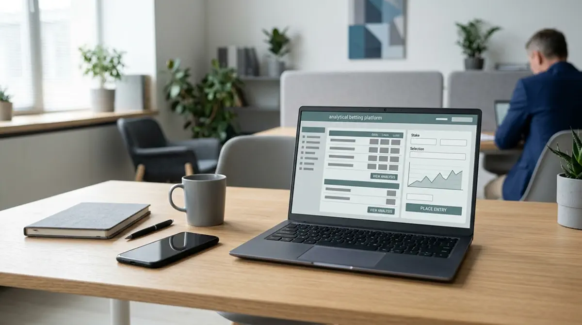 Laptop mit abstrakter Wettplattform-Oberfläche und Smartphone auf Schreibtisch, symbolisiert Wetten ohne Anmeldung