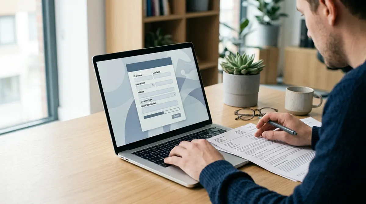 Laptop mit neutraler Registrierungsseite eines Wettanbieters und Dokumente zur Identitätsprüfung
