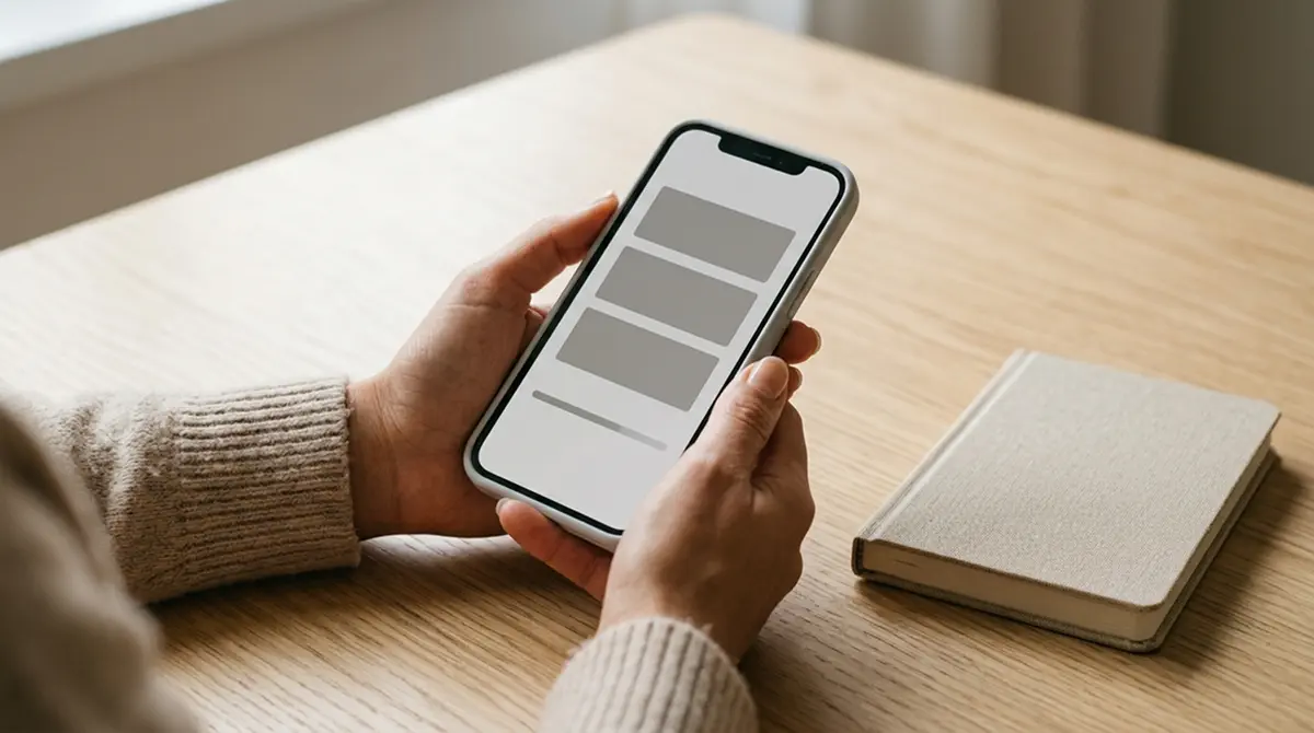 Hände halten ein Smartphone mit neutraler Zahlungsoberfläche auf hellem Tisch
