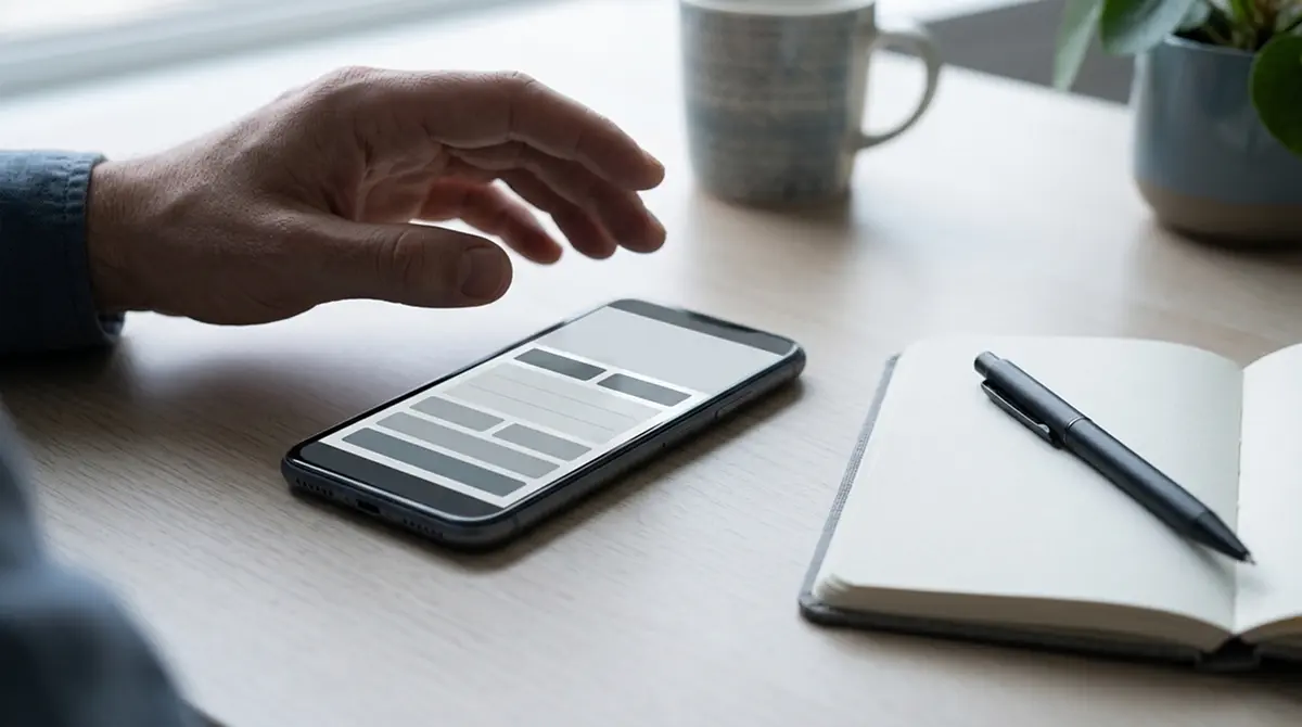 Smartphone mit abstrakter Zahlungs-Oberfläche auf einem Schreibtisch