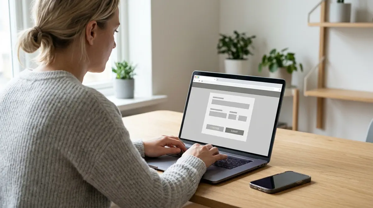 Seitenansicht einer Person beim Ausfüllen einer digitalen Zahlungsmaske am Laptop zur Illustration des Klarna-Einzahlungsvorgangs