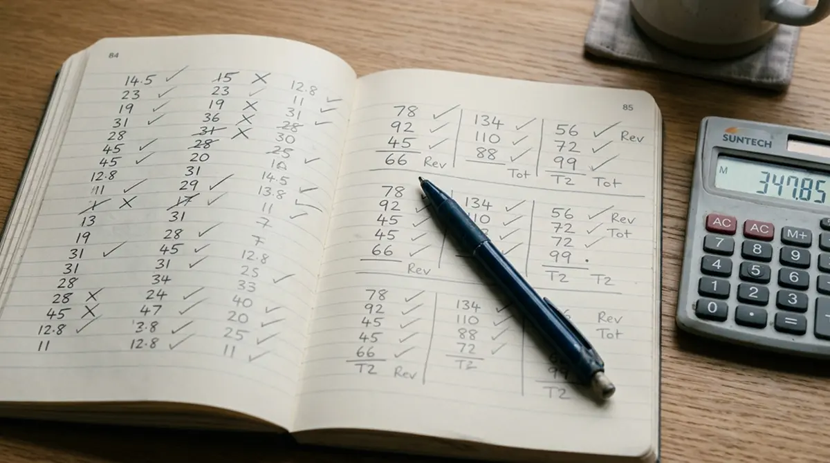 Notizbuch mit handschriftlichen Zahlenreihen neben einem Taschenrechner