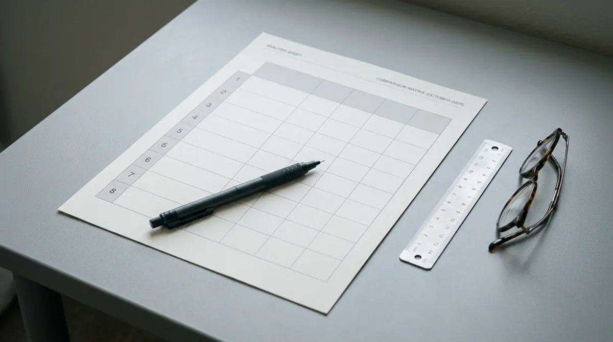 Vergleichstabelle auf Papier mit acht Zeilen für Buchmacher-Analyse