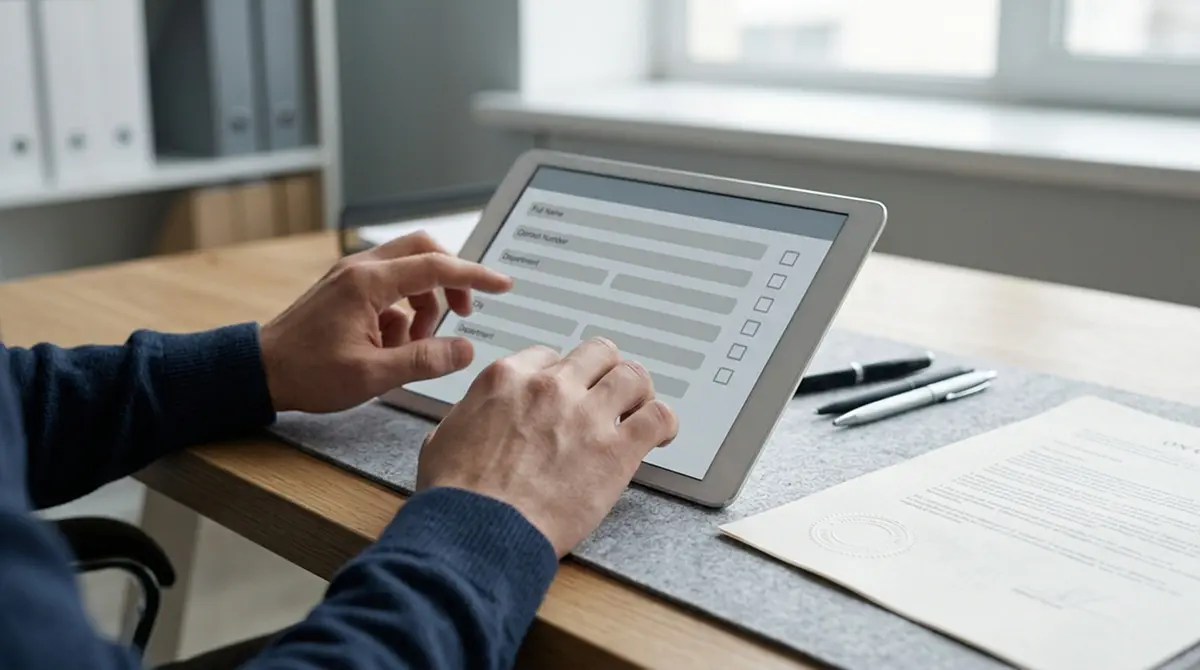 Dokument mit behördlichem Siegel und Tablet mit Registrierungsformular für deutsches Glücksspiel