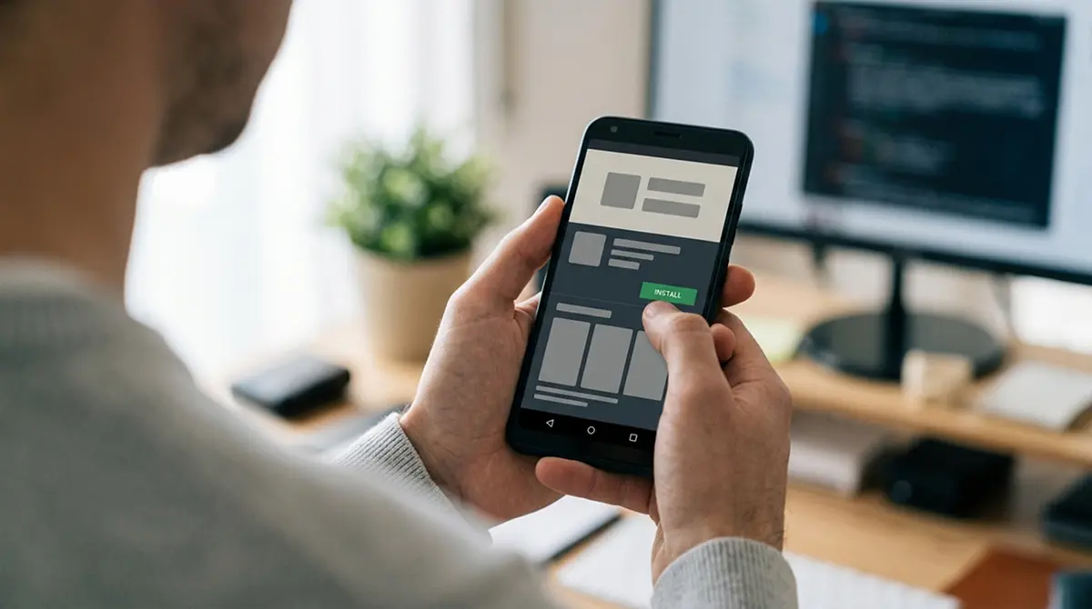 Hände halten ein Android-Smartphone während einer App-Installation