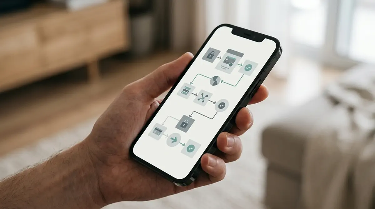 Smartphone zeigt abstrakten Krypto-Zahlungsvorgang mit Gebührenstruktur