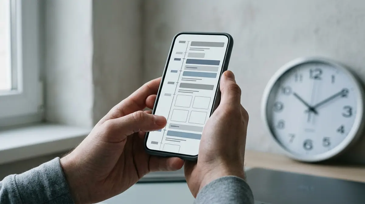 Hände am Smartphone mit abstrakter Live-Oberfläche und laufender Uhr