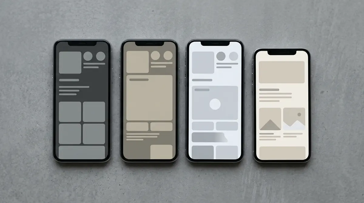 Mehrere Smartphones nebeneinander mit neutralen App-Oberflächen
