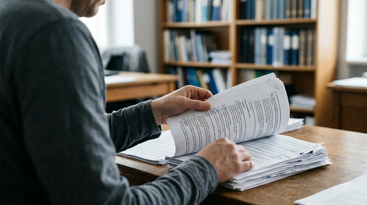 Person liest gedruckte regulatorische Unterlagen am Schreibtisch