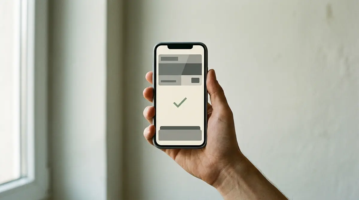 Hand hält Smartphone mit neutraler Zahlungsoberfläche vor hellem Hintergrund