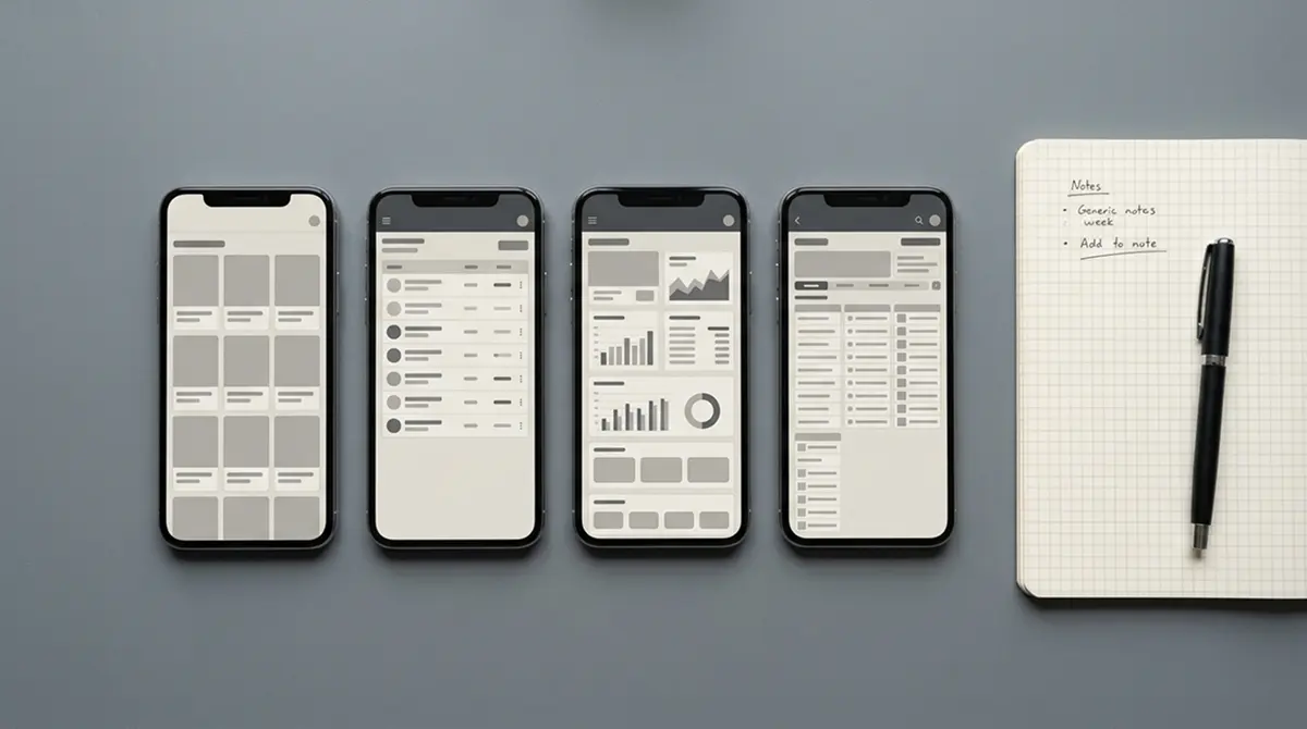 Mehrere Smartphones nebeneinander auf einem Schreibtisch im Testaufbau