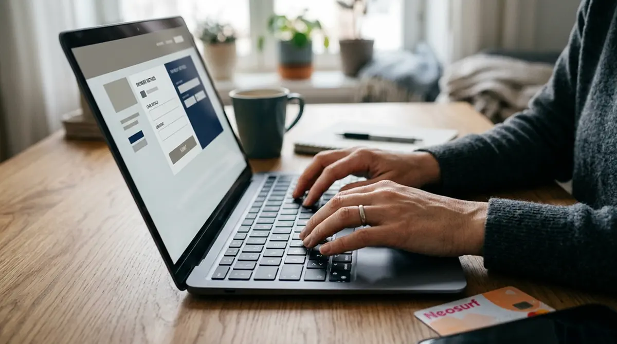 Hände an Tastatur während einer Online-Zahlung verdeutlichen den Neosurf-Einzahlungsprozess