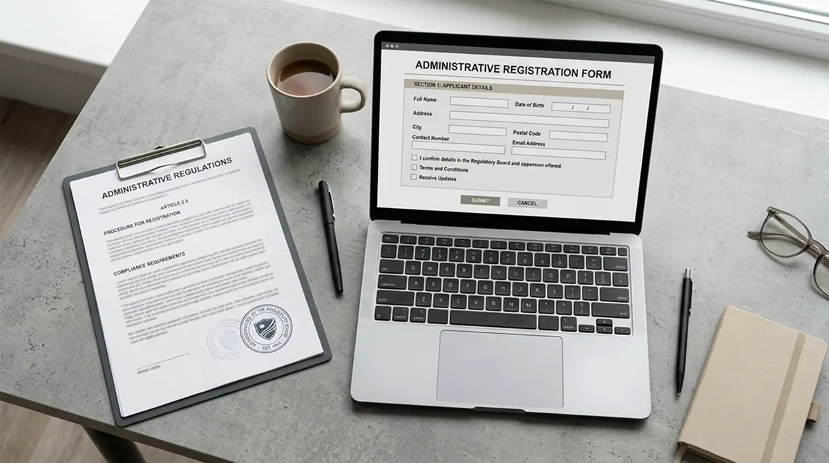 Dokument zur deutschen Glücksspiel-Lizenzierung neben Laptop mit Registrierungsformular