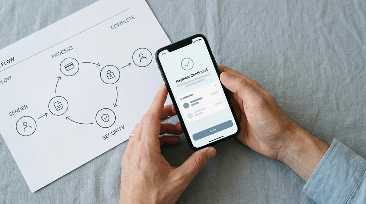 Smartphone mit PayPal-Transaktion und Hinweistext zum Closed-Loop-Verfahren