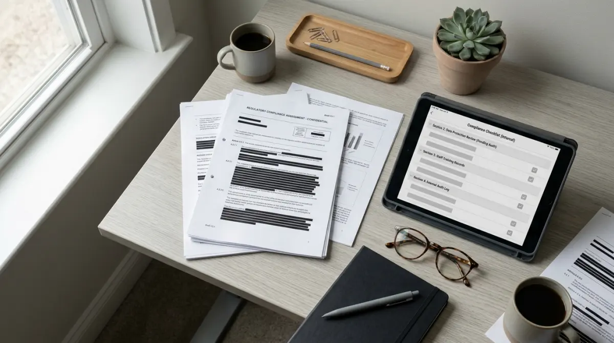 Offizielle Dokumente und Tablet mit Compliance-Checkliste auf Bürotisch