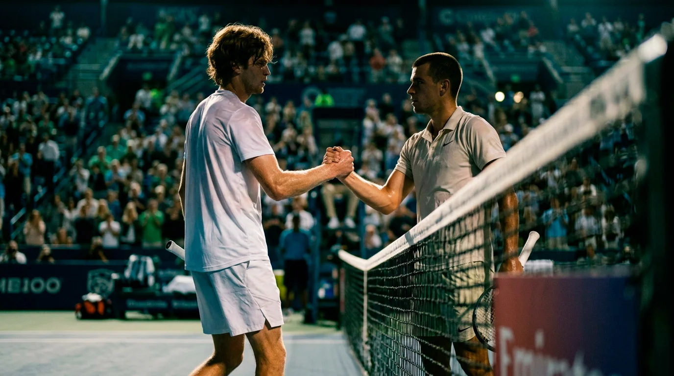 Sinner gegen Alcaraz: Zwei Tennisspieler am Netz nach einem Grand-Slam-Finale