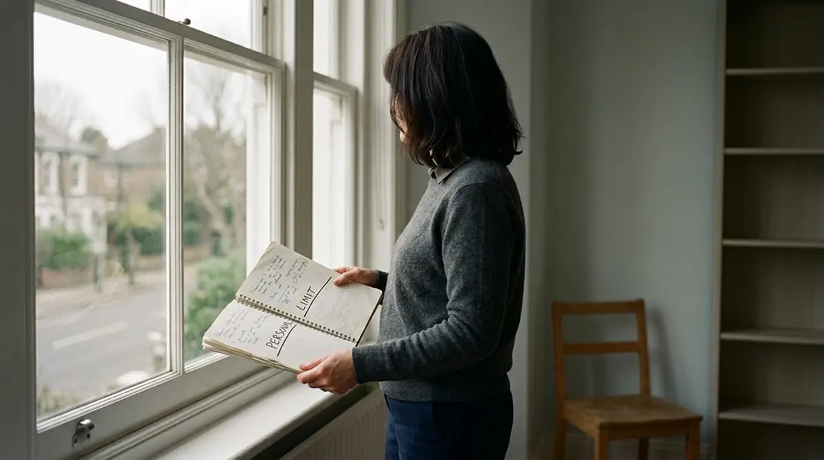 Person am Fenster mit Notizbuch, in dem ein persönliches Limit notiert wird