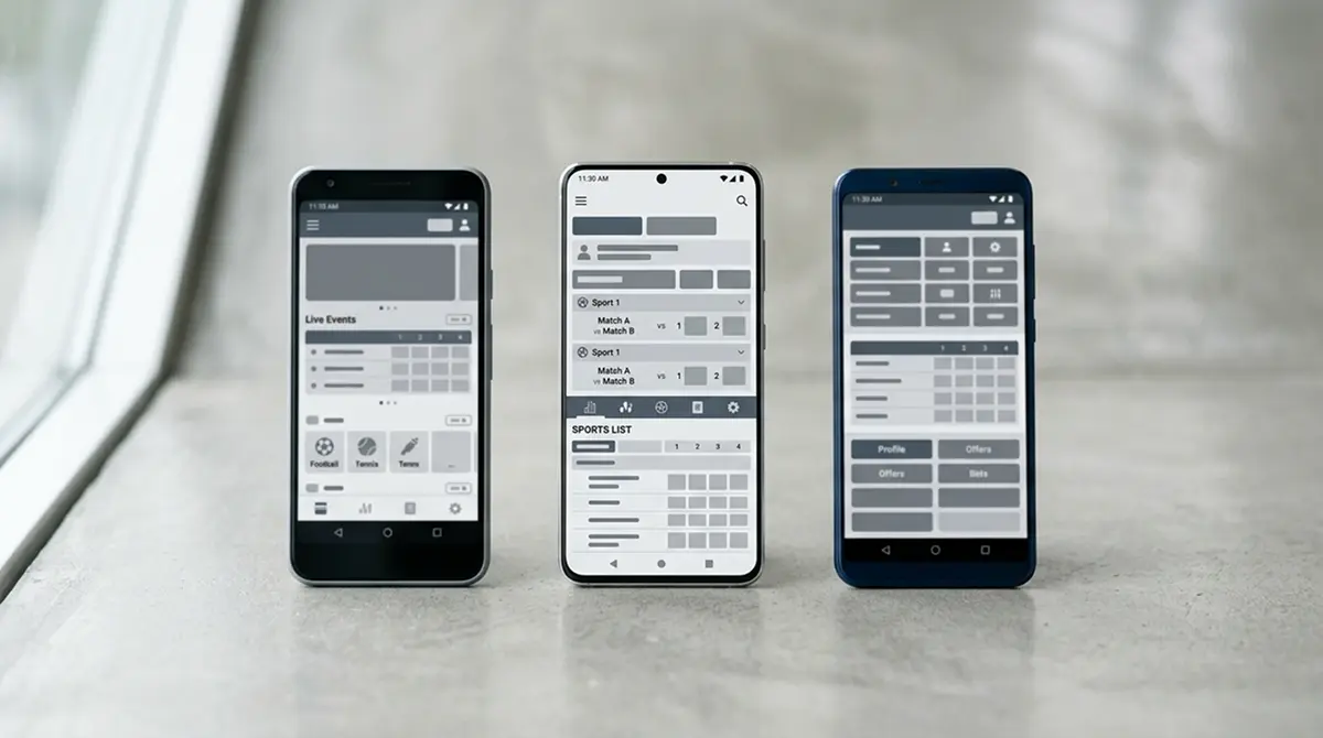 Mehrere Smartphones nebeneinander mit verschiedenen Sportwetten-App-Oberflächen im Vergleich