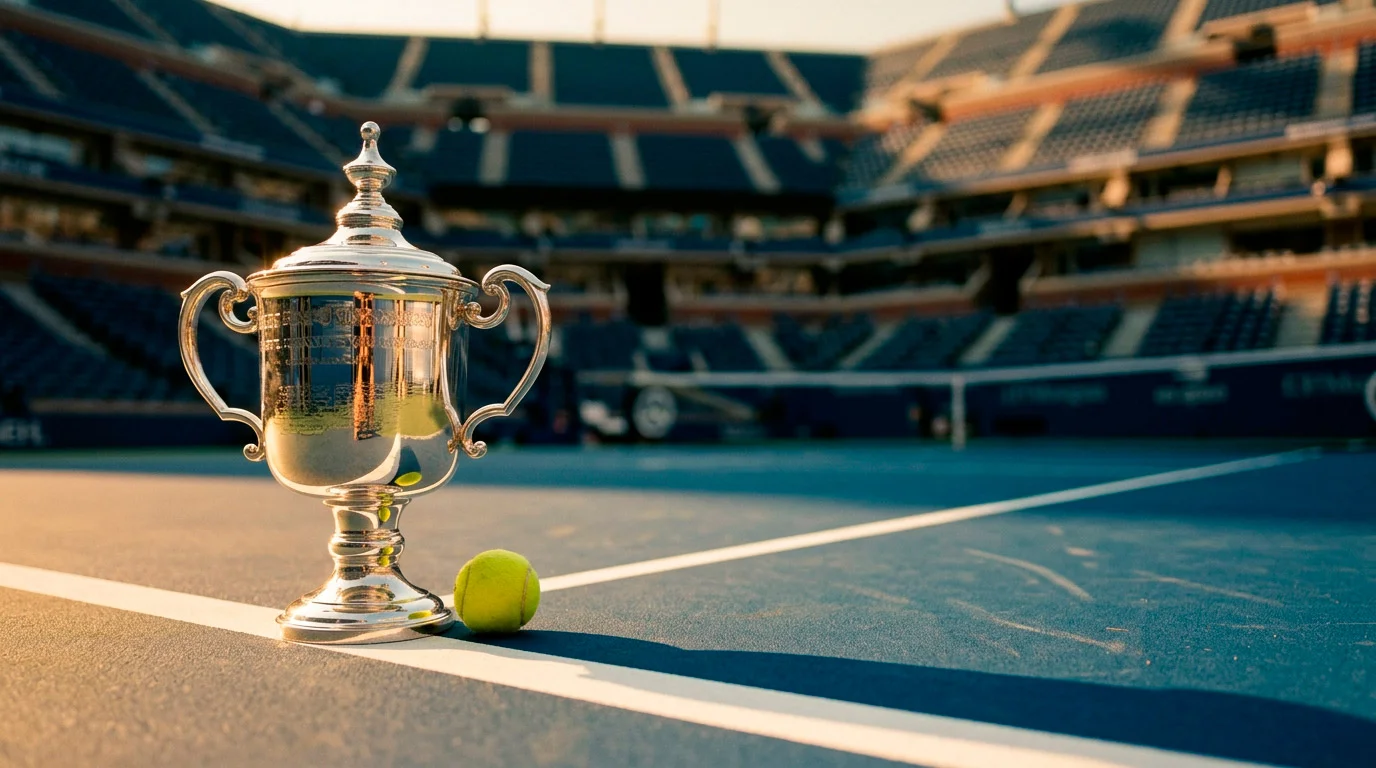 Grand-Slam-Preisgeld: Goldener Pokal auf einem Tennisplatz als Symbol für die Wirtschaft im Tennis