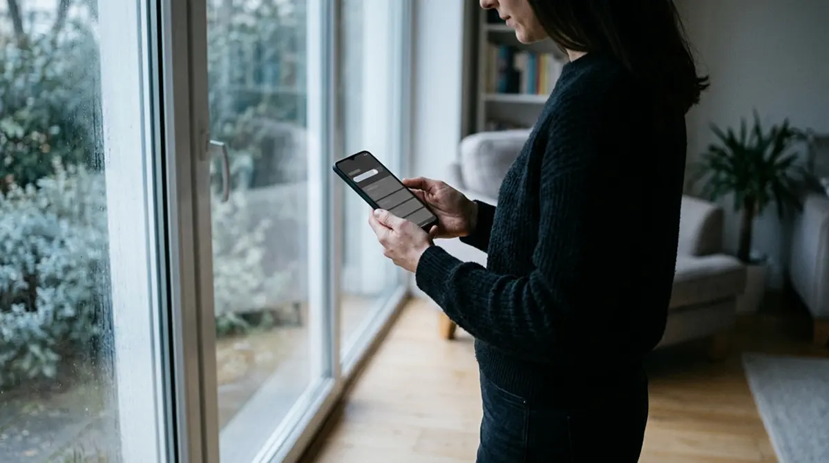 Person am Fenster stellt am Smartphone ein Einsatzlimit ein