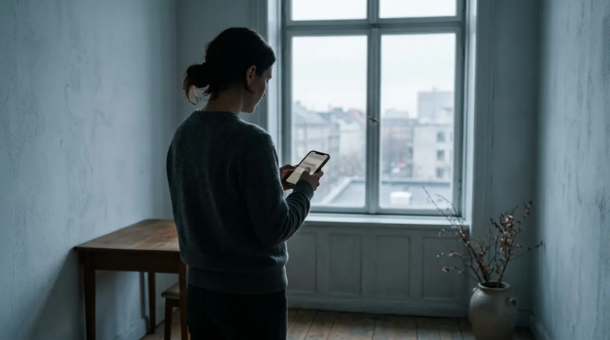 Silhouette einer Person am Fenster mit Smartphone in ruhiger Umgebung