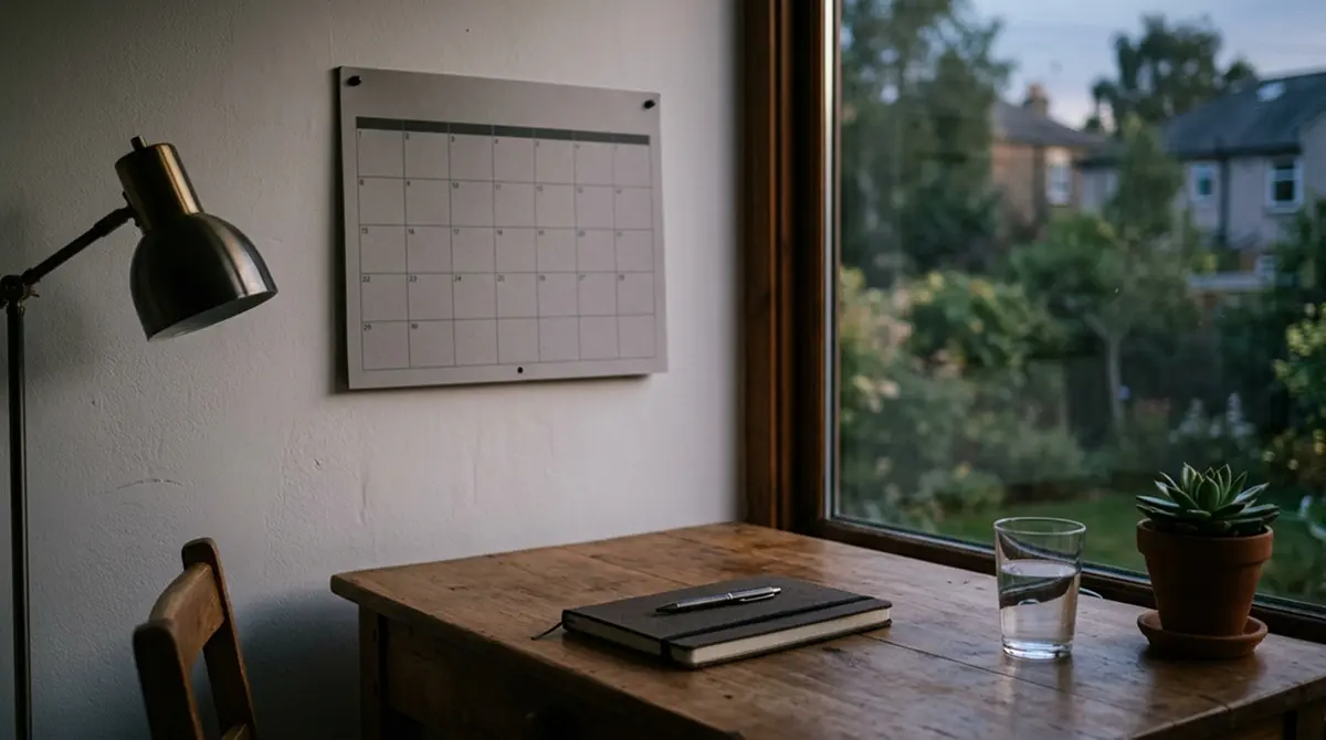Ruhiger Arbeitsplatz am Fenster mit Kalender und Notizbuch für Saisonplanung