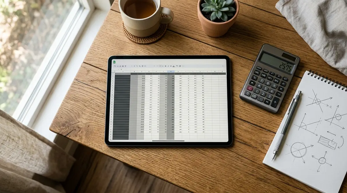 Arbeitsplatz mit Tablet und Taschenrechner zur Veranschaulichung des detaillierten Vergleichs von Wettanbietern mit Klarna-Zahlungsoption