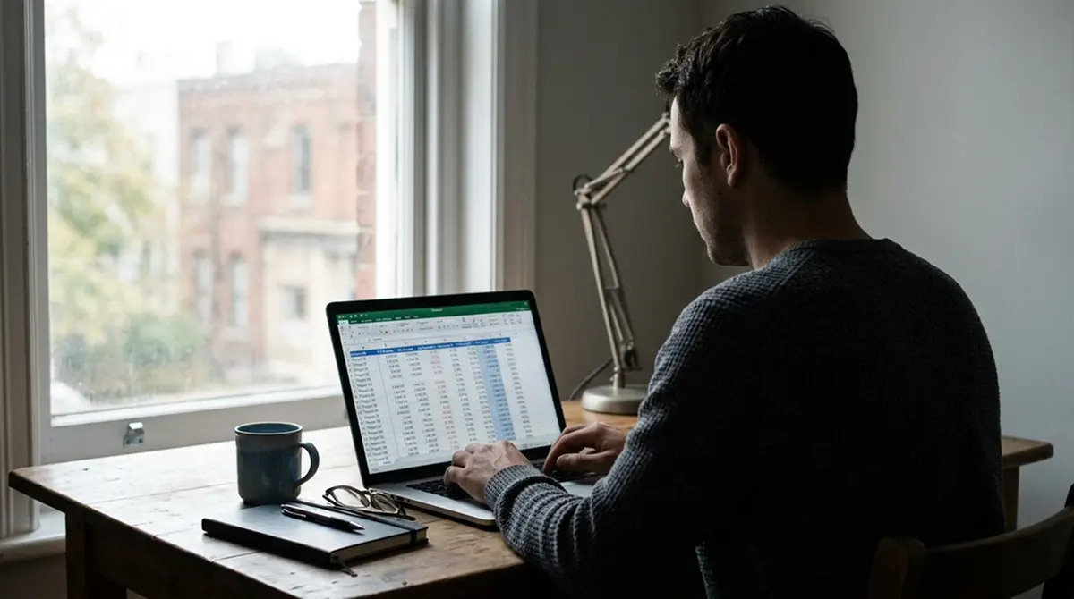 Person von hinten betrachtet Spreadsheet mit Bonusberechnungen auf Laptop-Bildschirm
