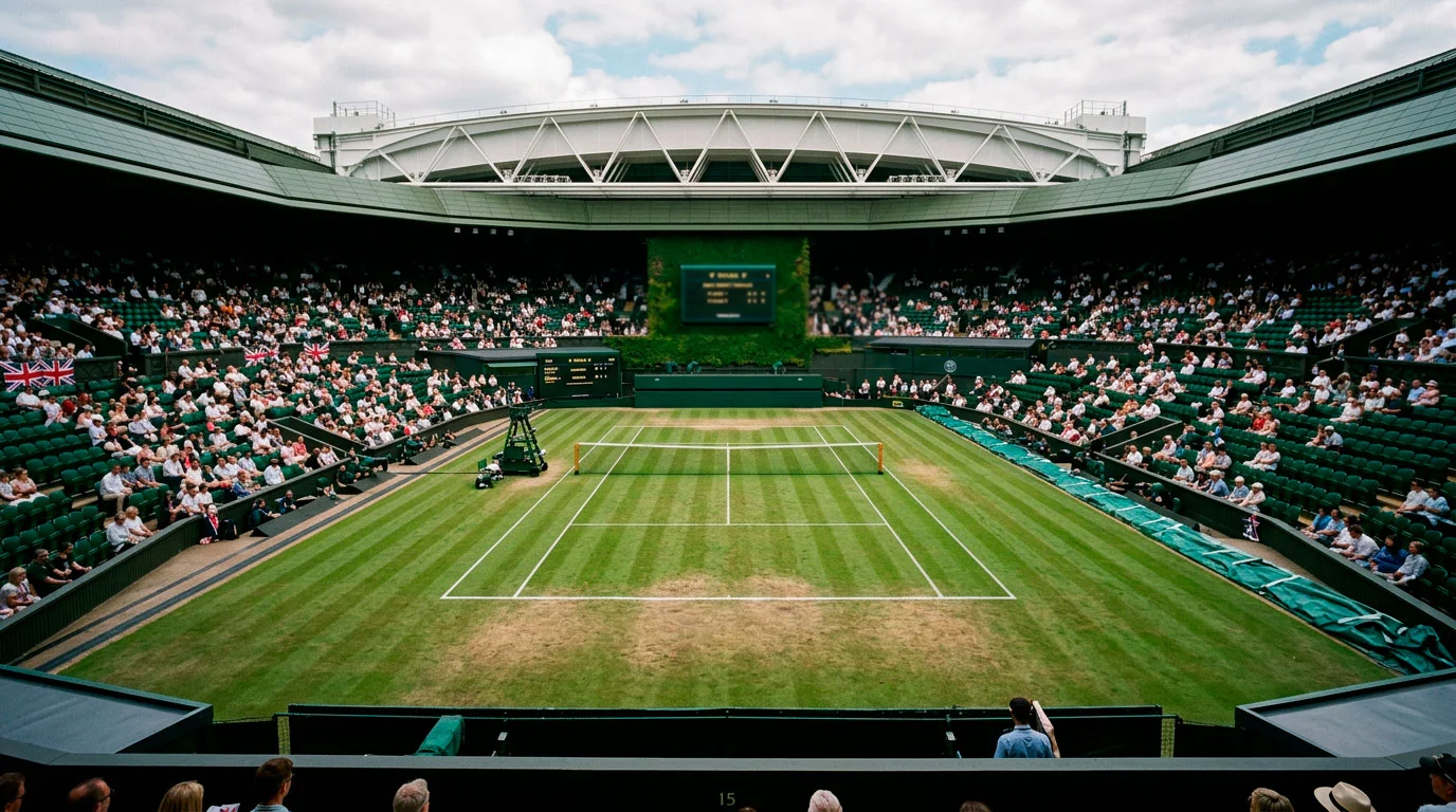 Wimbledon Centre Court: Rasenplatz mit gespanntem Netz vor besetzten Tribünen