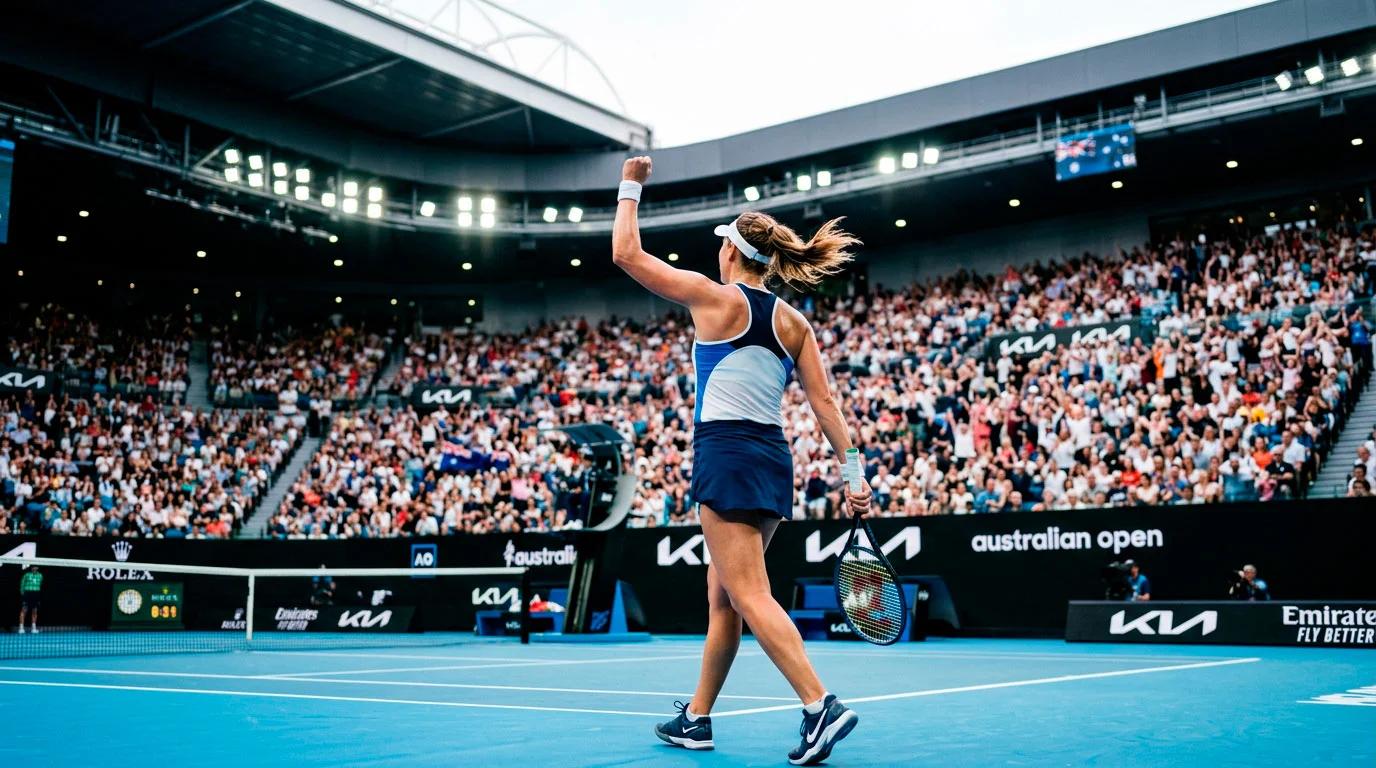 WTA-Finale bei den Australian Open: Tennisspielerin feiert Sieg auf dem Hartplatz in Melbourne