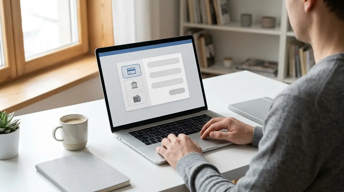 Laptop mit Auszahlungsformular und Übersicht verschiedener Zahlungsoptionen