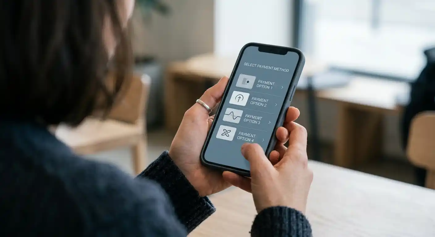 Person wählt digitale Zahlungsmethode auf dem Smartphone für Online-Wettanbieter