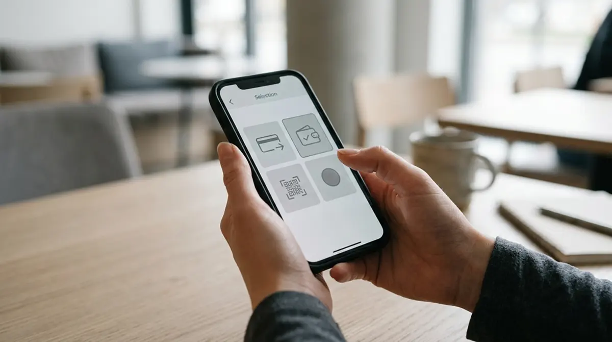 Smartphone zeigt eine abstrakte Übersicht verschiedener digitaler Zahlungsoptionen